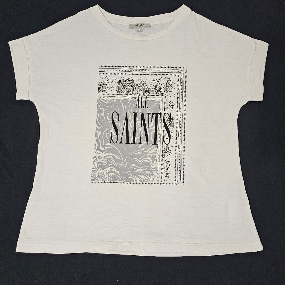 AllSaints Zebura Imogen Boy Tee White Graphic Bandana Print M/L Relaxed Fit